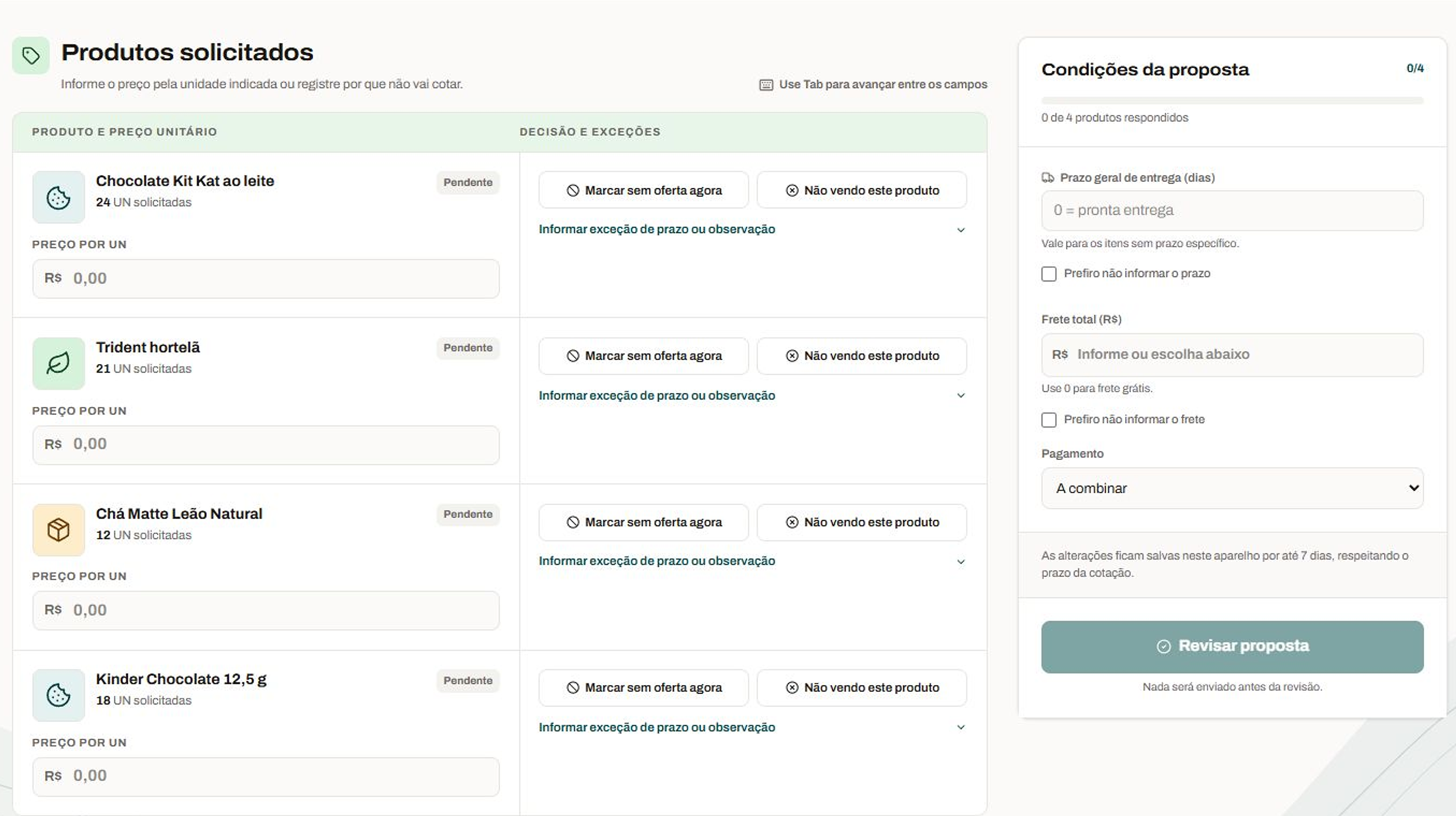 Tela de cotação acessada pelo fornecedor por link